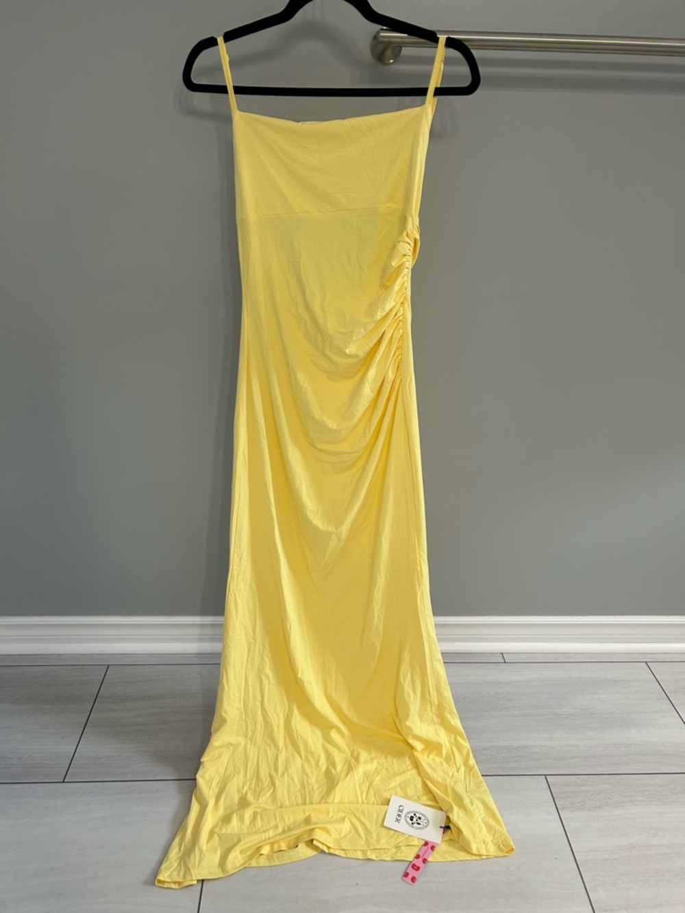Yellow Spaghetti Strap Ruched Maxi Dress